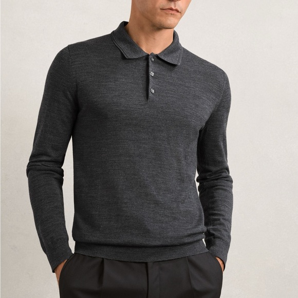 Reiss Trafford Merino Wool Polo Shirt Derby Grey Marl Men's Medium